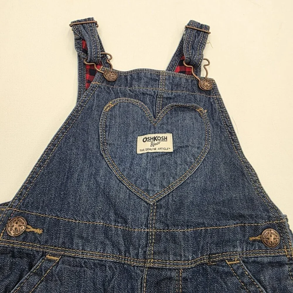 OshKosh Girls Blue Jean Denim Heart Buffalo Lined Cuff Overalls 4T